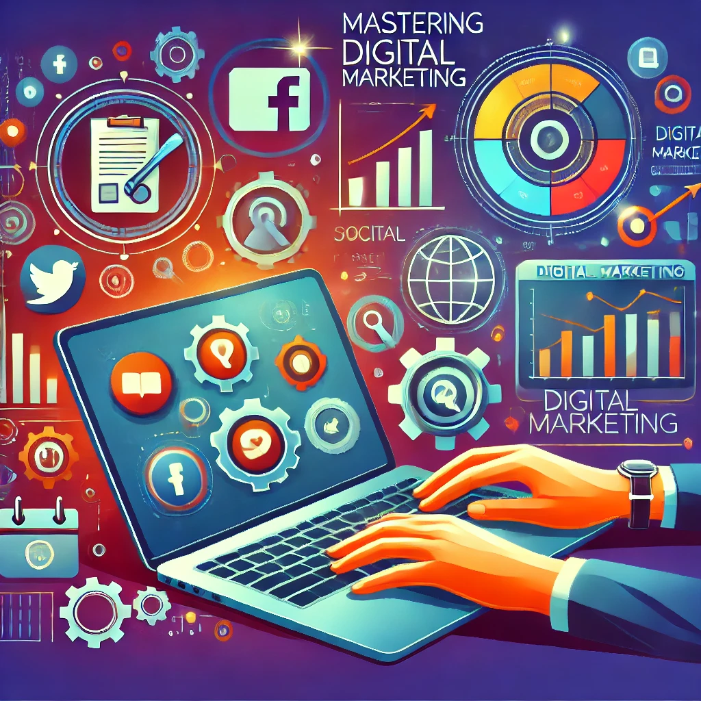 A vibrant graphic showcasing social media icons, a laptop, and an analytics dashboard to symbolize digital marketing.